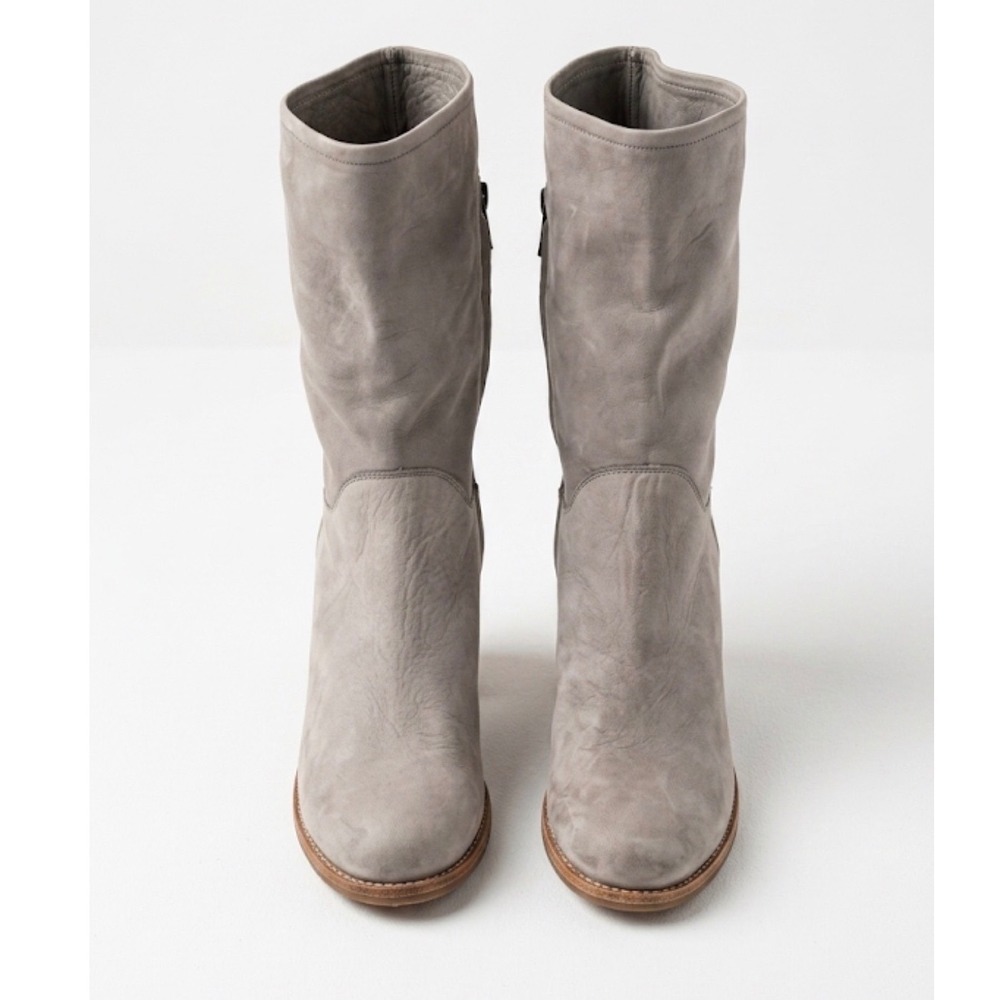 Frye Grey Leather Mid-Calf Block Heel Boots